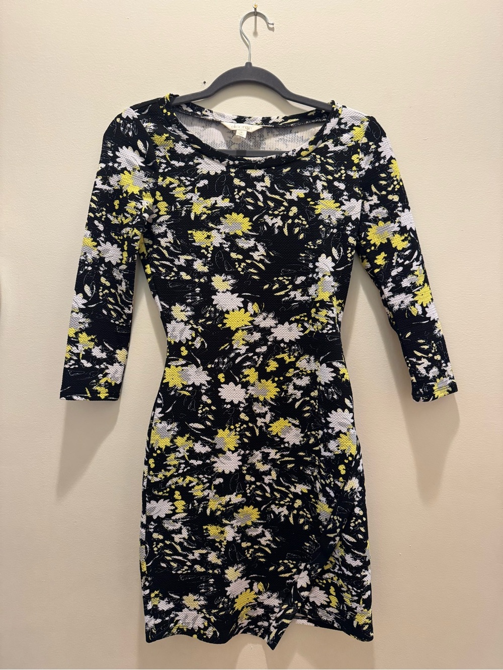 Decree Black Floral Long Sleeve Bodycon Dress with White & Yellow floral pattern
